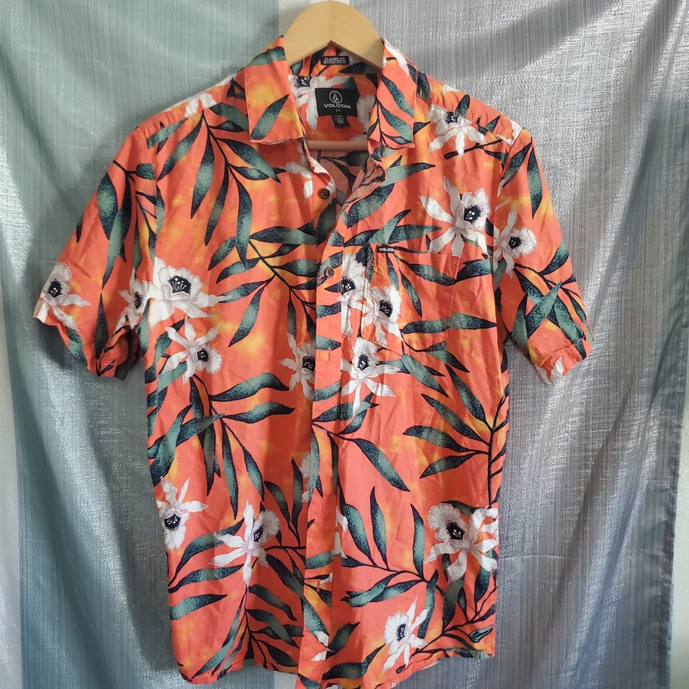 Volcom Mens Small Orange Floral Short Sleeve Button Down Shirt Classic Fit S